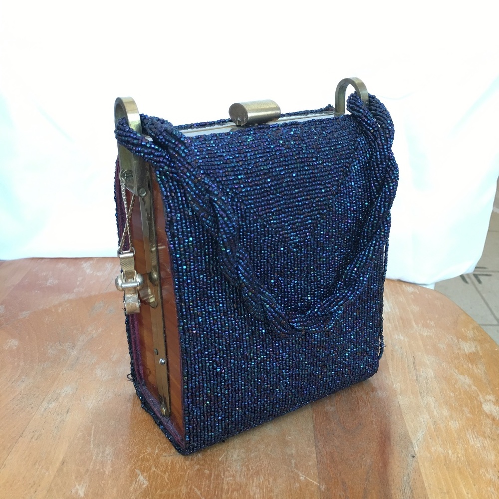 Vintage 1940's Blue Carnival Glass beaded box bag evening bag